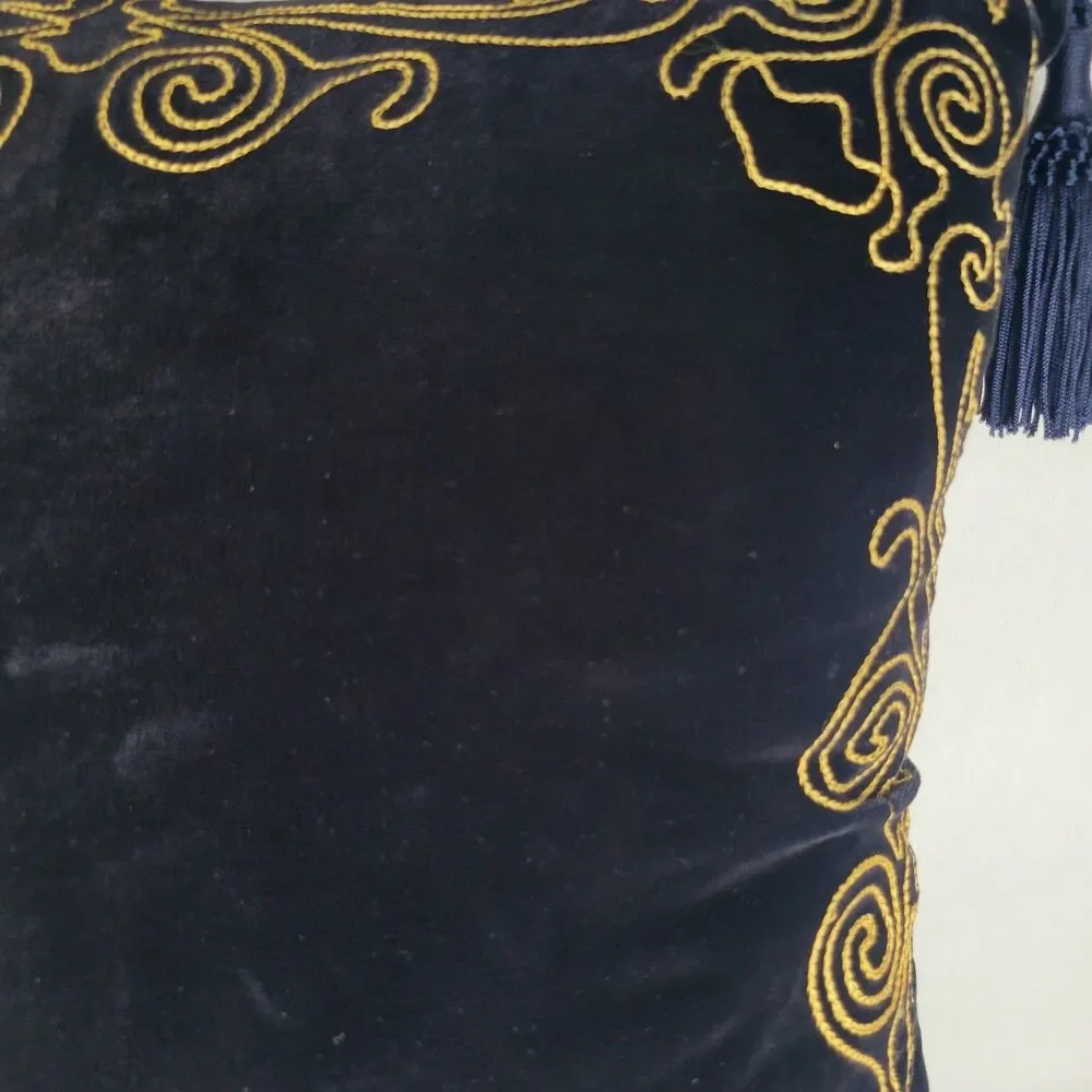 Velvet Navy Blue Gold Tassel Whimsigoth Throw Pillow Square 16
